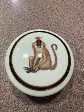 Lynn Chaser Amazonian White Porcelain Monkey Jewelry Trinket Box with Gold Trim